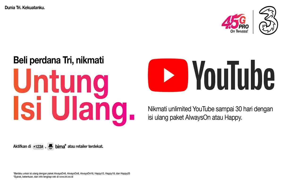 3 Indonesia Berikan Kuota Unlimited untuk Nonton YouTube 