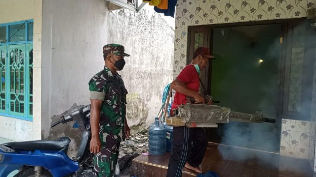 Babinsa Koramil 0817/13 Ujungpangkah Dampingi Petugas Kesehatan Melaksanakan Fogging
