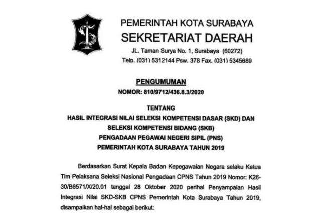 Daftar 698 Peserta Lolos Seleksi Penerimaan CPNS Pemkot Surabaya